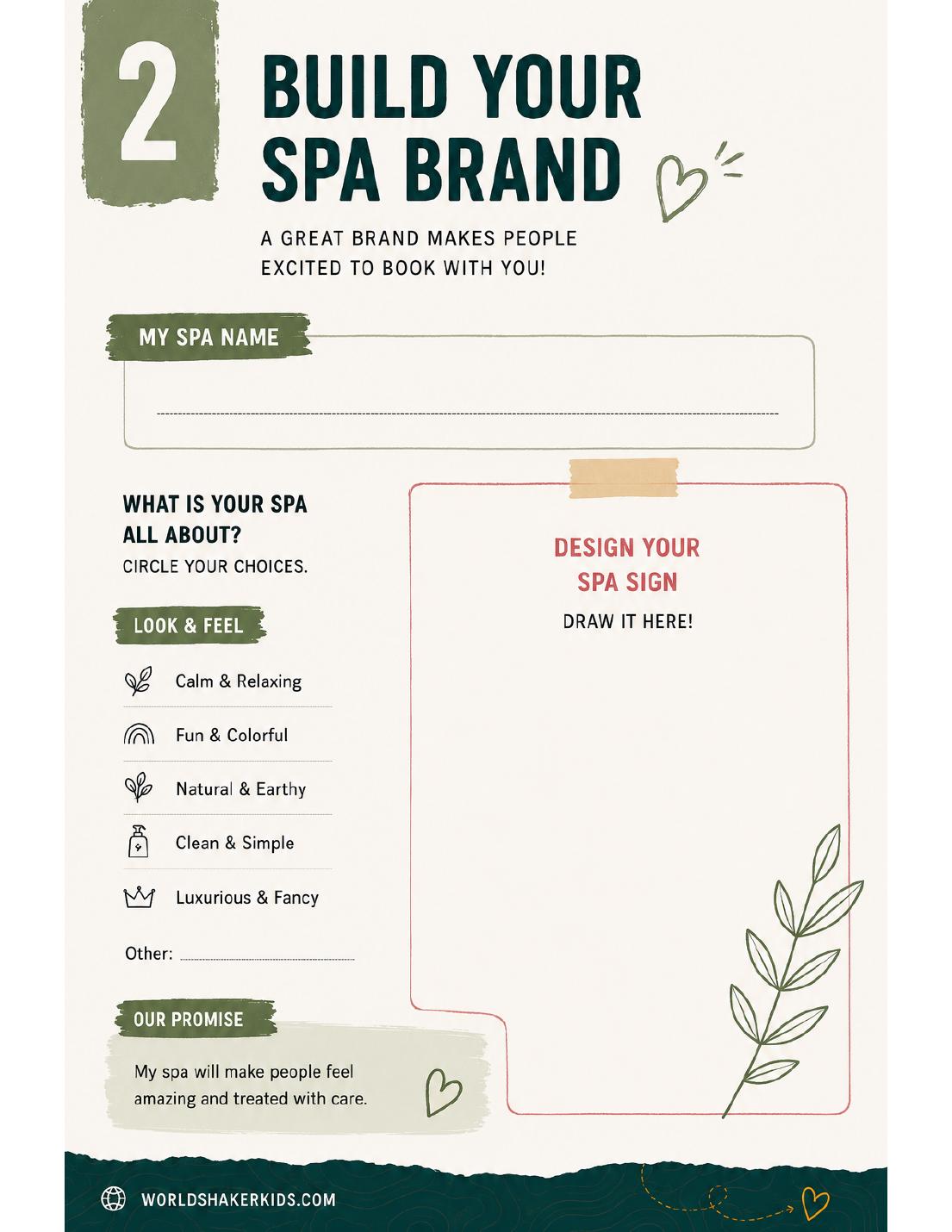 Guide page: build your spa brand, name your spa and design your sign